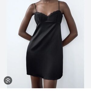 Zara satin pleated Black Lace Trim Slip Dress